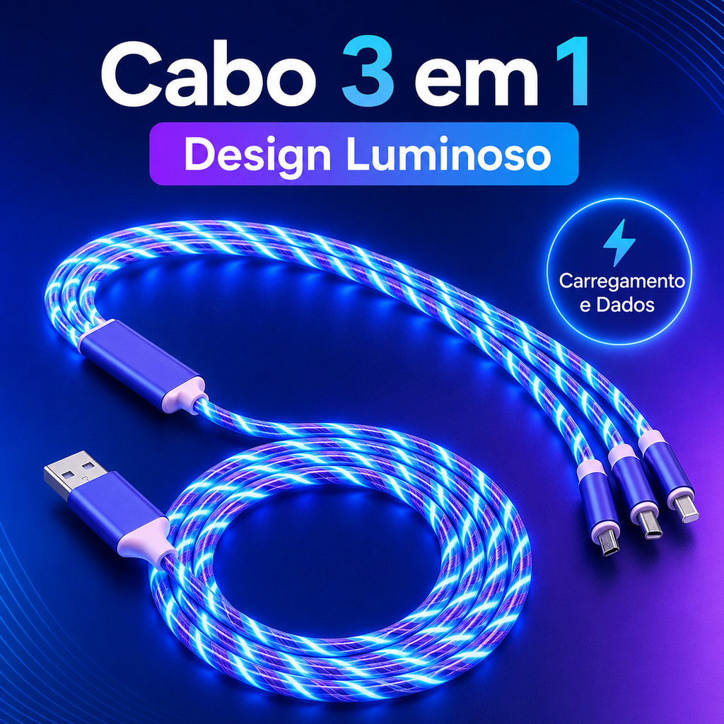 Cabo de dados iluminado 3 em 1 Flowing Light com carregamento rápido, compatível com Apple e Android Type-C