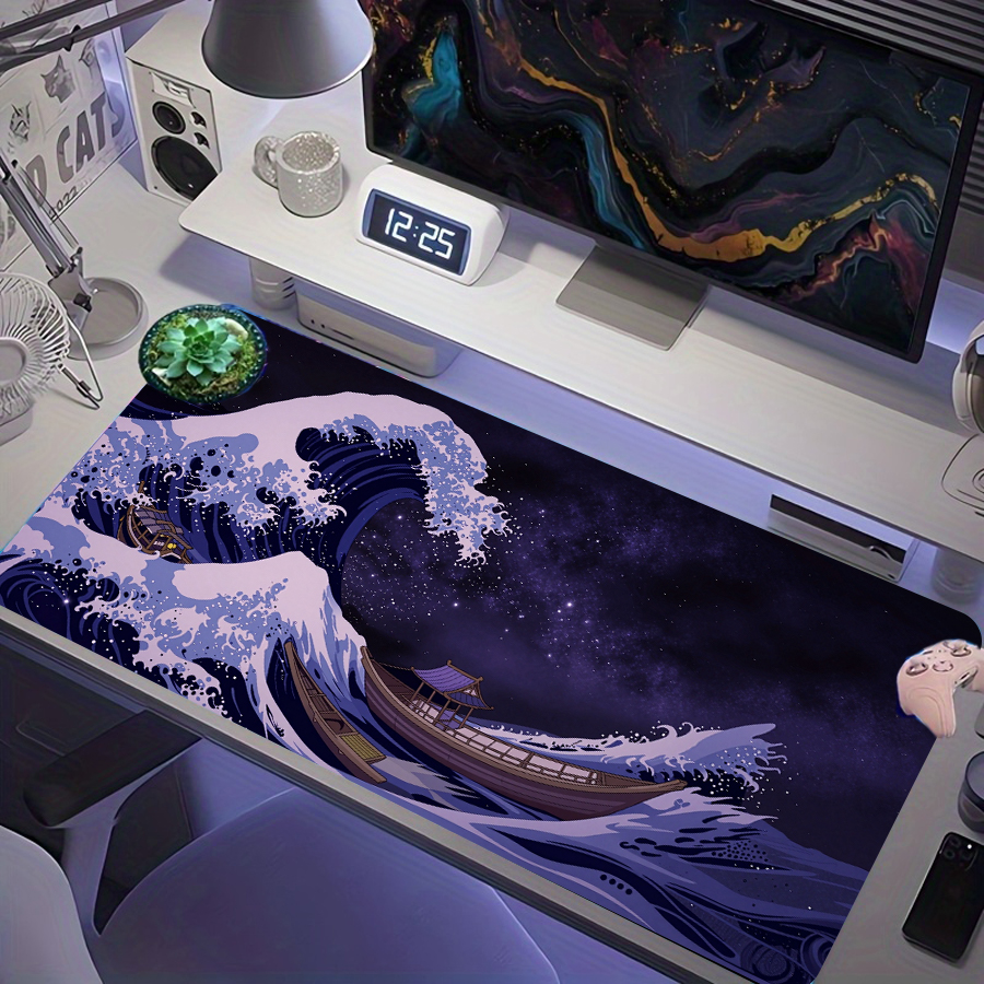 Almofada de mouse de jogo estendida Dark Galaxy Starry Sky Hokusai Great Wave Japanese Wooden Boat, XXL, grande tapete