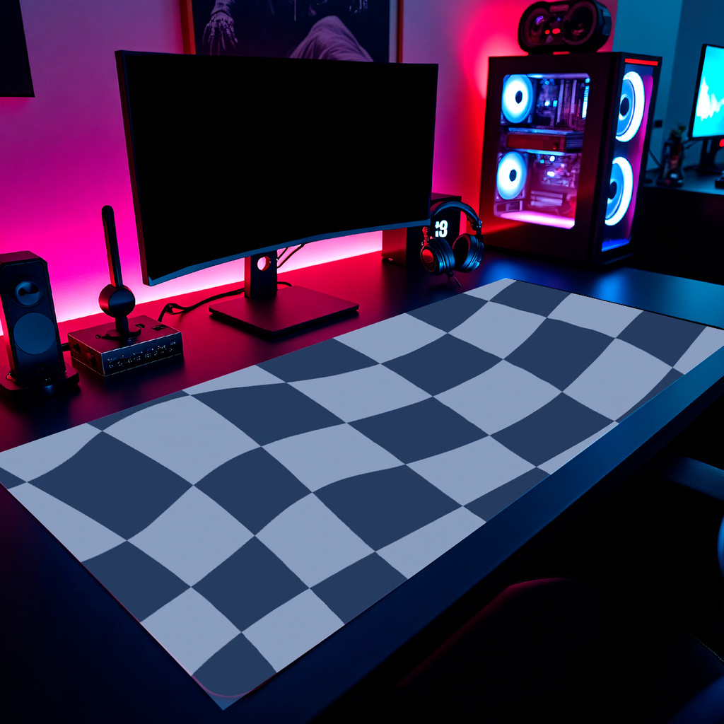 Mouse Pad Xadrez Quadriculado Waves Azul Gamer 65x30cm / 80x40cm / 90x50cm / 120x60cm Borda Costurada