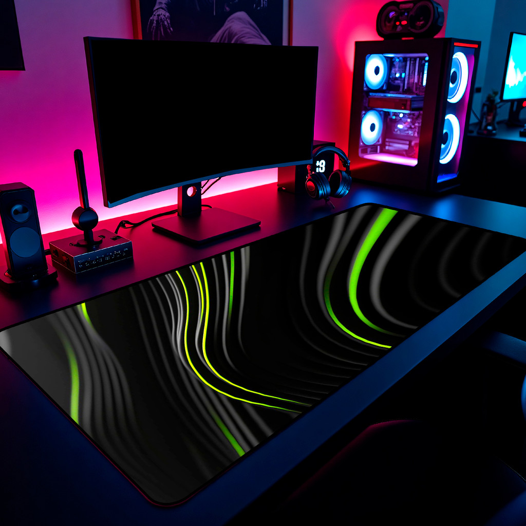 Mouse Pad Gamer Abstract Green Waves 65x30cm 80x40cm 90x50cm 120x60cm Borda Costurada