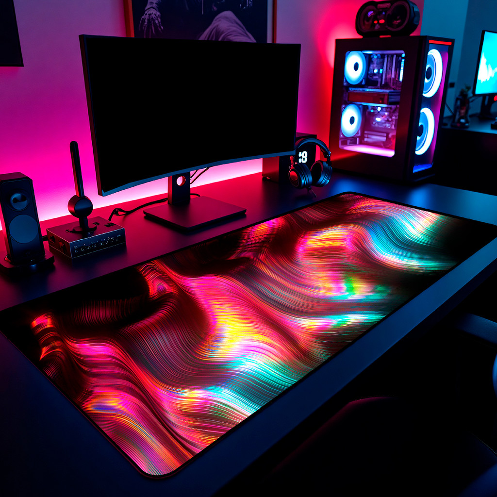 Mouse Pad Gamer Abstrato Lines Colorful Wave 65x30cm 80x40cm 90x50cm 120x60cm Borda Costurada
