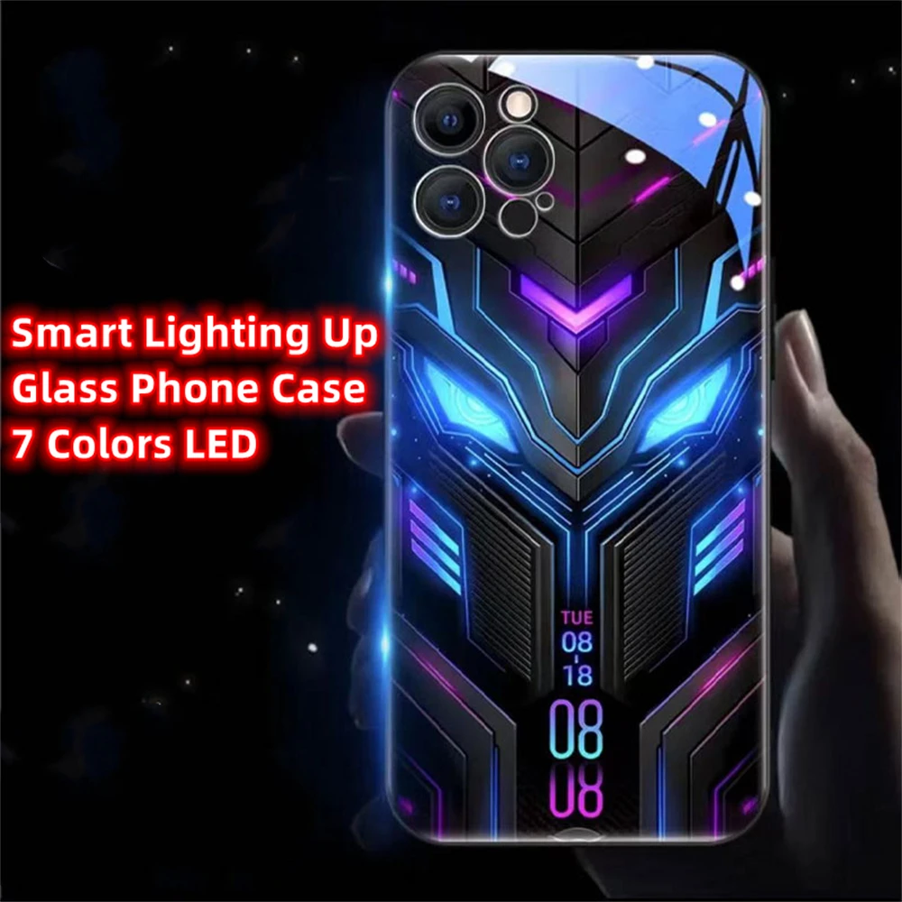 Cool Cyber Mecha Design Smart LED Light Glow Tempered Glass Phone Case For iPhone Air 17 16 15 14 13 12 11 Pro Max Plus