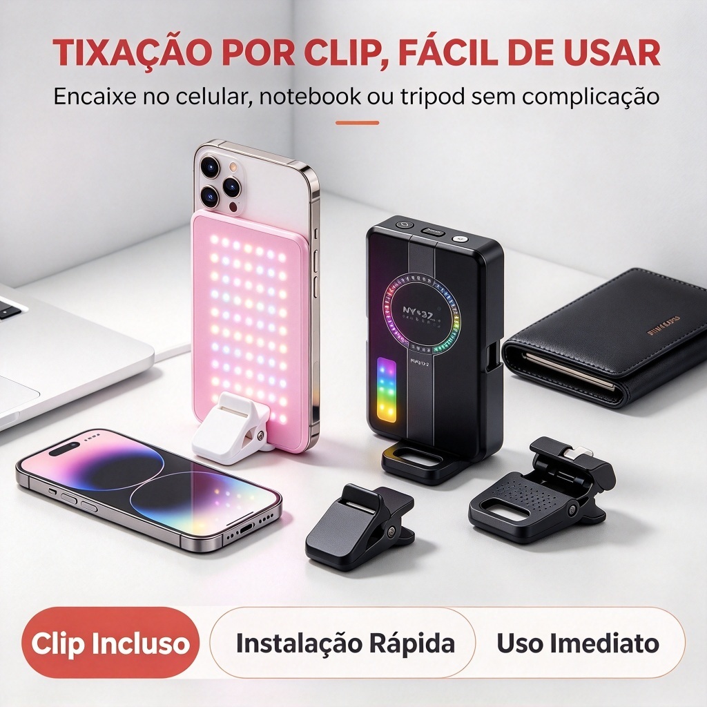 Luz de Fill‑in RGB Portátil com Clipe, Mini Painel LED Colorido para Celular Selfie Live Fotografia Vídeo Reunião