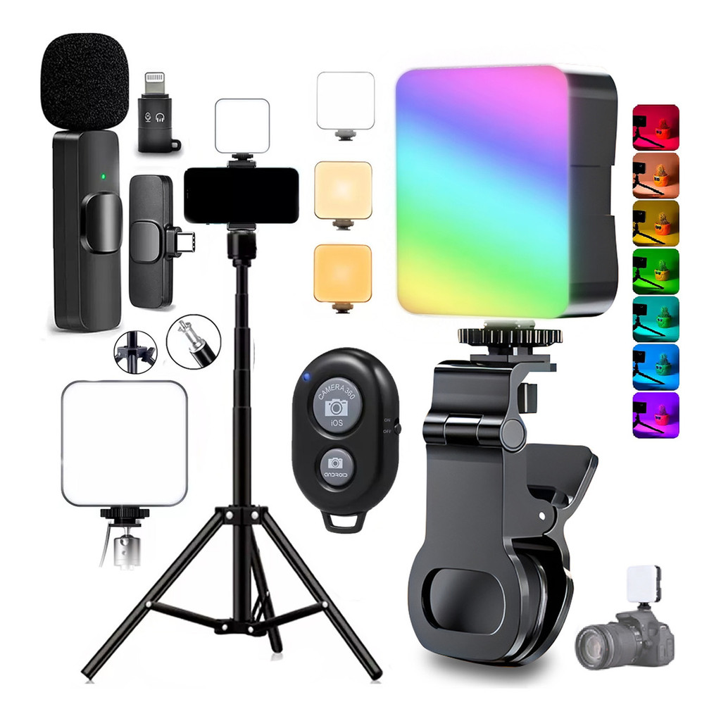 Kit Mini Light Rgb Microfone Lapela iPhone Android Tripé 2m