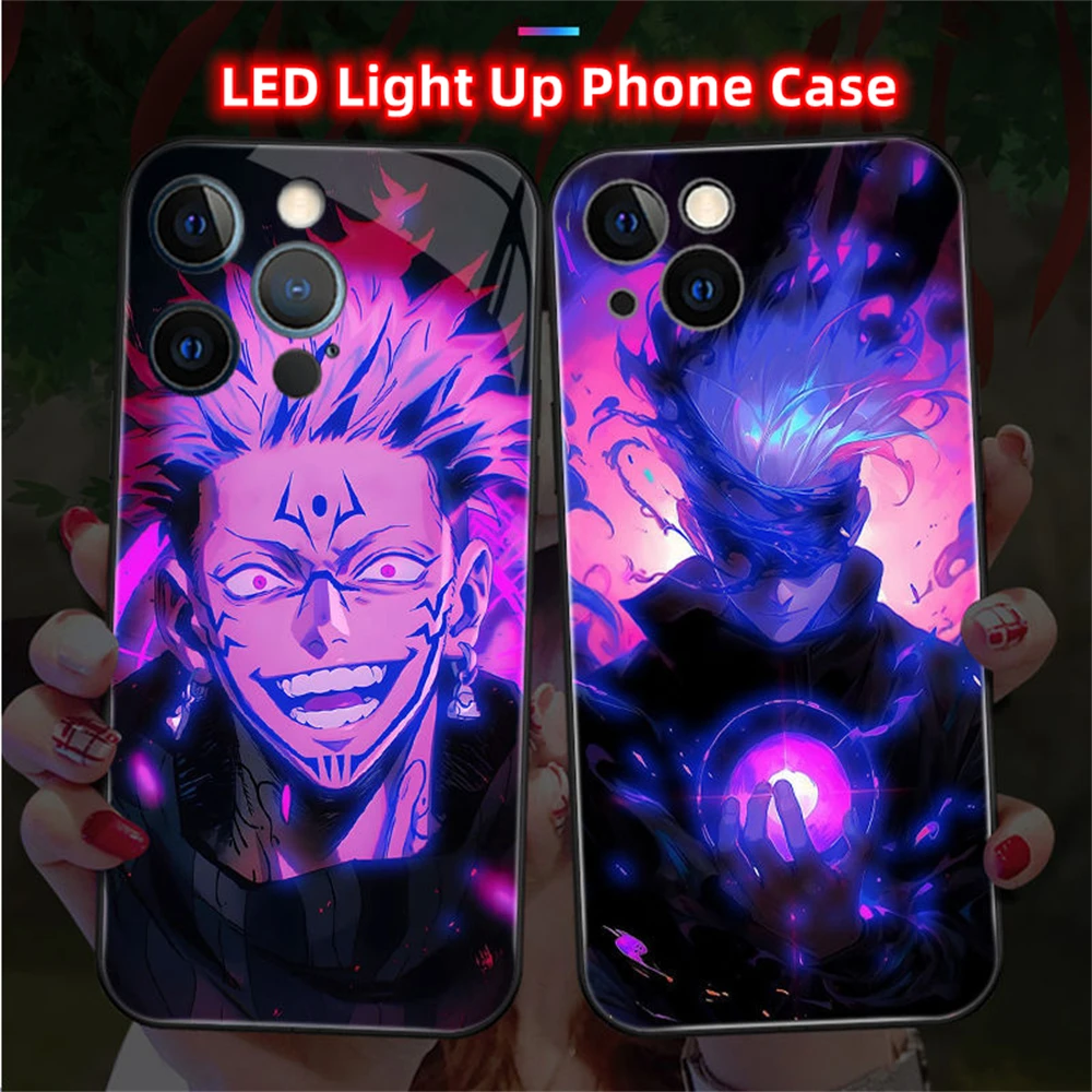 Cool Japan Anime Design Smart LED Light Glow Tempered Glass Phone Case For iPhone Air 17 16 15 14 13 12 11 Pro Max Plus