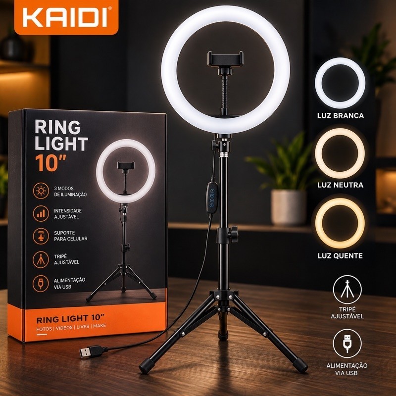 Ring Light 10 Polegadas com Tripé Ajustável Iluminador LED para Celular Selfie Vídeos e Lives