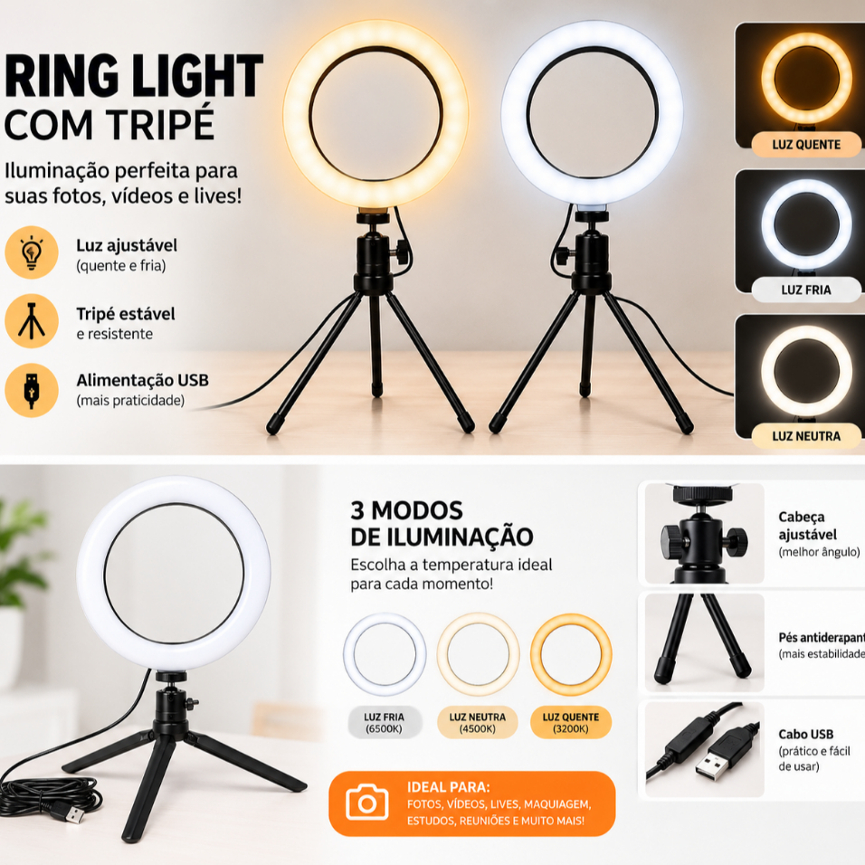 Iluminador Ring Light LED 16cm Com Mini Tripé Ajustável Controle De Brilho Para Fotos Vídeos Maquiagem Tiktok Youtube