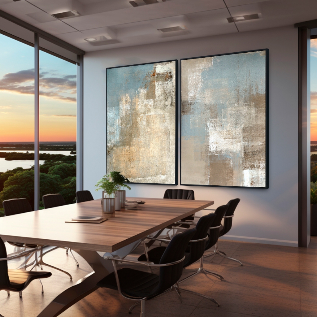 Conj de 2 Quadros Grandes Modernos Modern Art, Sala, Quarto, Escritório, Acabamento Luxo Moldura
