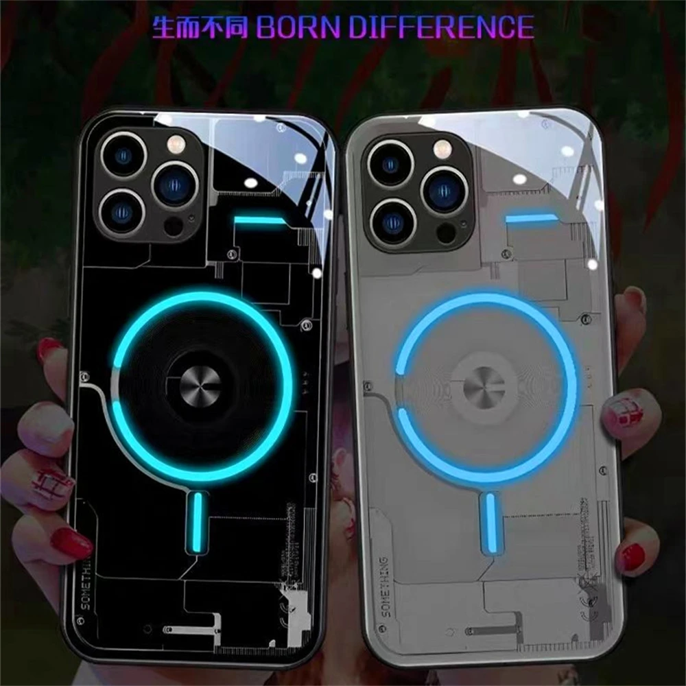 Cool Cyber Aperture Design Smart LED Light Glow Tempered Glass Phone Case For iPhone Air 17 16 15 14 13 12 11 Pro Max Plus