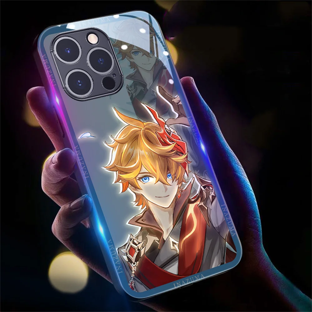 Cool Genshin Cartoon Pattern Smart LED Light Glow Tempered Glass Phone Case For iPhone Air 17 16 15 14 13 12 11 Pro Max Plus