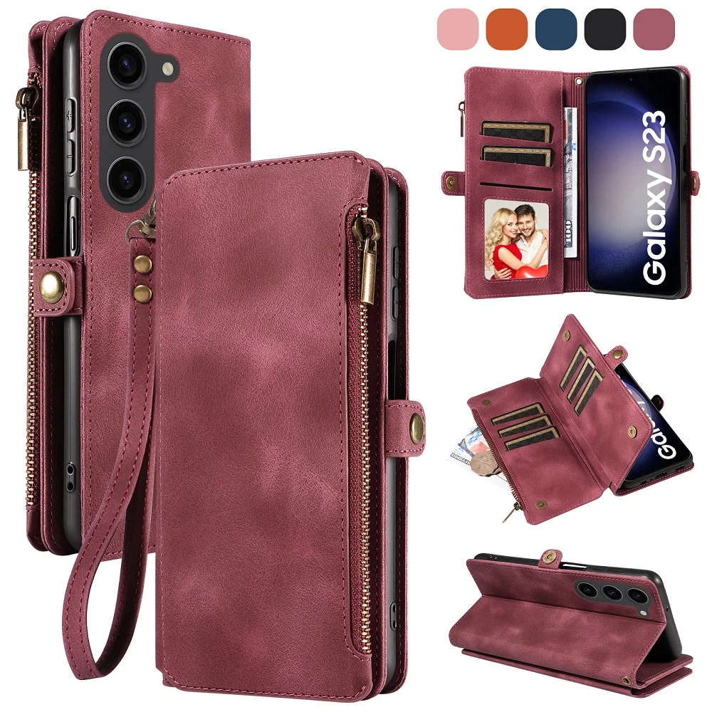 for Samsung A57 Storage Pocket Leather Wallet Case Flip Handbag Zip Strap Pouch Foldable Stand Full Coverage Bumper