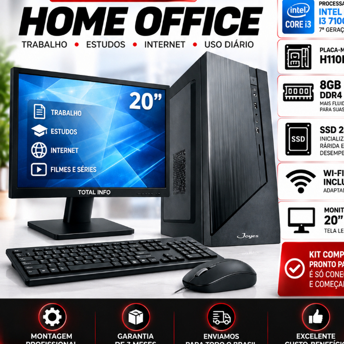 PC COMPLETO HOME OFFICE INTEL I3 7100 H110M 8GB DDR4 SSD 240GB BIVOLT WIFI MONITOR 20''