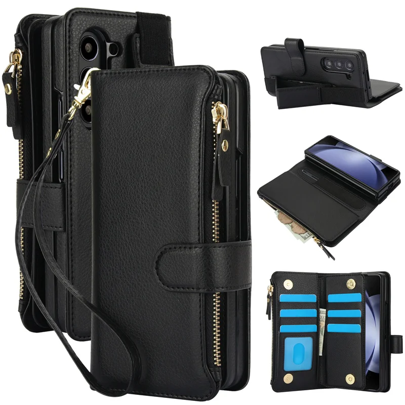 For Samsung Galaxy Z Fold 3 4 5 6 Leather Wristband Wallet Insert Case For Samsung Z Fold 8 Ultra 7 Shockproof Protective Cover