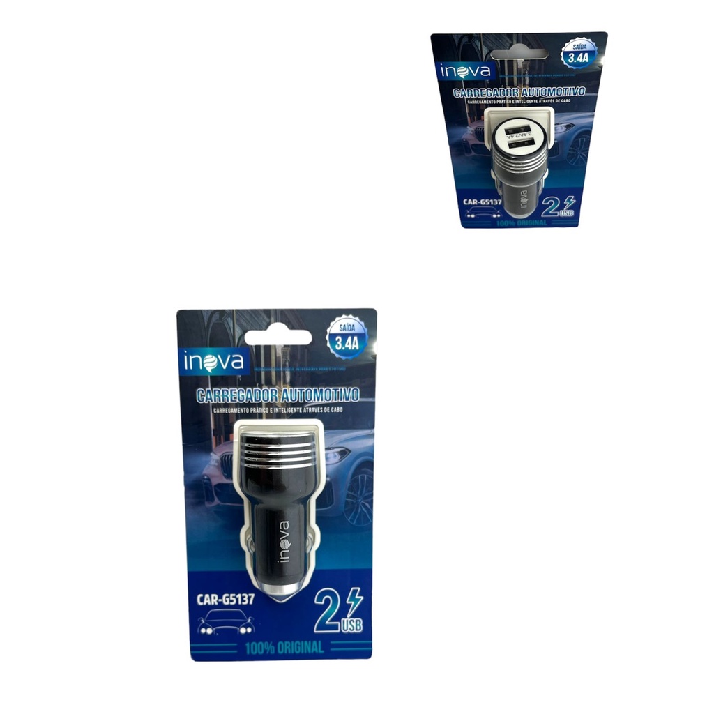 5 Carregador Veicular Inova 2.4a E 3.4a 2 Usb Car-5158 Ataca