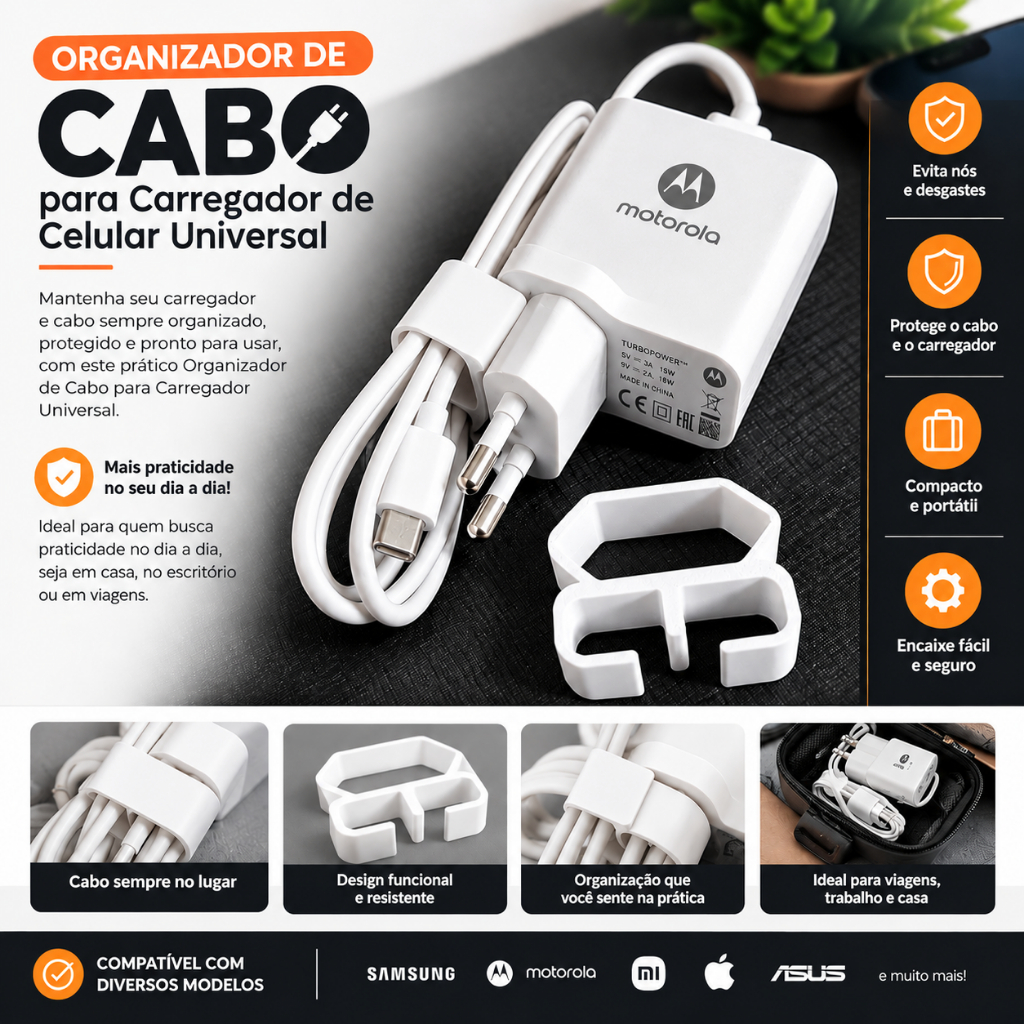 Organizador De Cabo Para Carregador Celular Suporte Enrolador Anti-Quebra Compatível iPhone Samsung Motoro