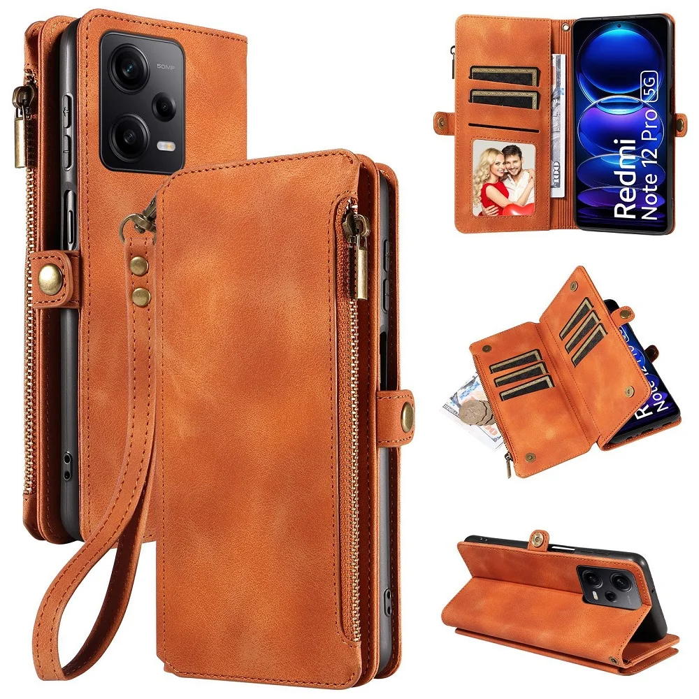 for Redmi Note 15 Pro Plus 5G Multi-pocket Leather Wallet Case Flip Handbag Zip Strap Pouch Foldable Stand Full Coverage Bumper