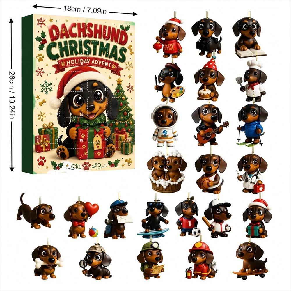 Dachshund Themed Christmas Countdown Calendar 2D Acrylic Ornament Set For Home Holiday And Tree Decor Use