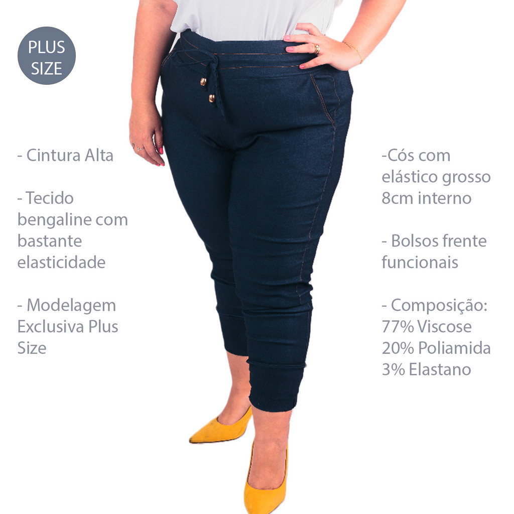 Calça Jogging Feminina Plus Size em Bengaline Jeans tamanho grande do 52 ao 58 jogger cintura alta com bolsos