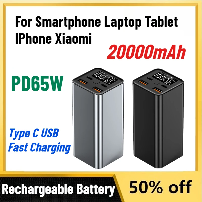 High-Quality New 20Ah External Power Bank Type C USB PD65W Fast Charging Powerbank for Smartphone Laptop Tablet IPhone Xiaomi
