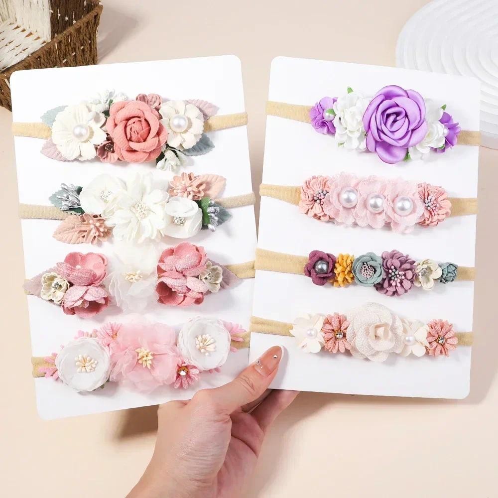 4 Pçs/set Bebê Menina Bandana Bonito Flor Elástica Faixa De Cabelo Recém-Nascido Cabeça Da Criança Headwear Casamento Ba
