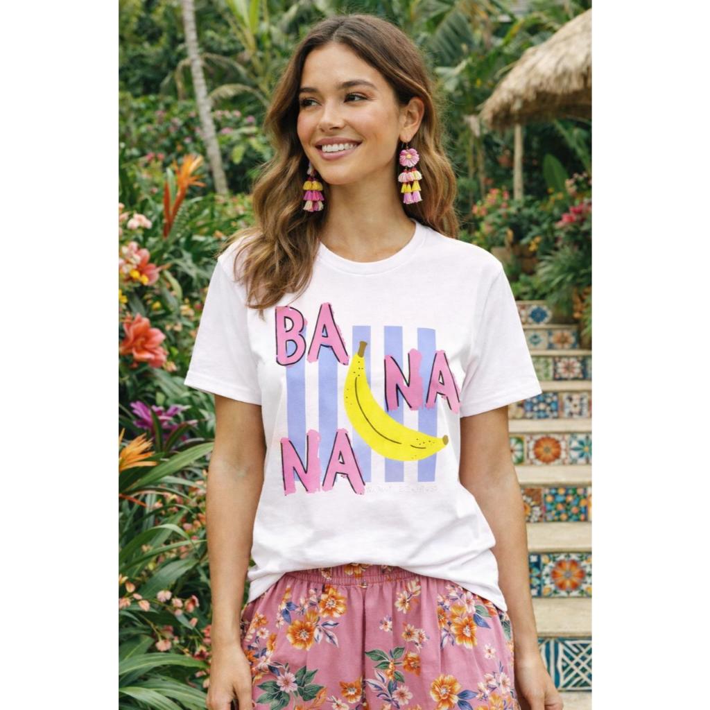 Camiseta Feminina Branca Estampa Banana “Ba Na Na” Manga Curta Casual Envio Rapido