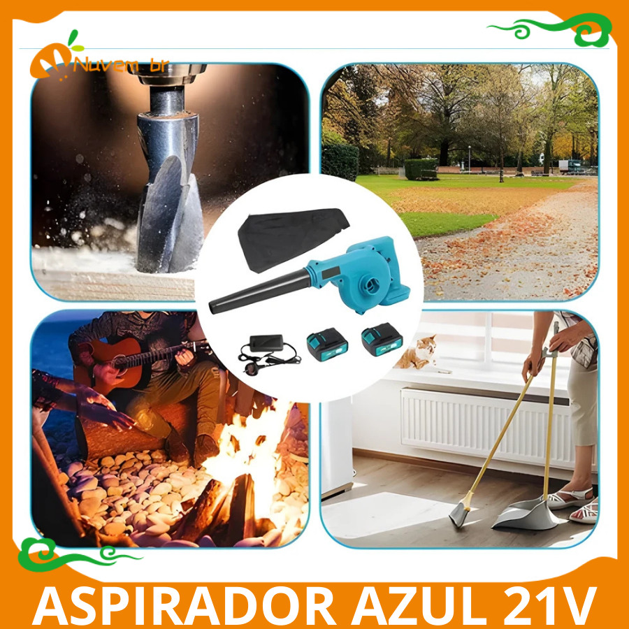 Aspirador  Pó Elétrico Recarregável Portátil Automotivo Sem Fio 21V 2/1 Soprador De Folhas E Poeira Com 2 Baterias NUVEM