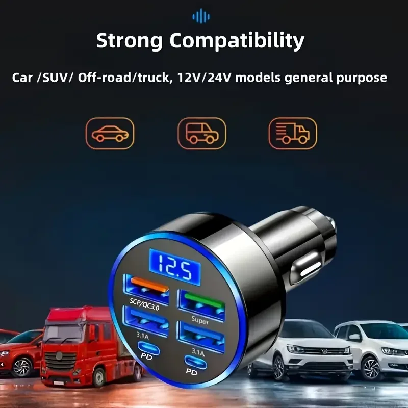 6‑in‑1 Portable Car Charger 3.1A Dual Type‑C Digital Display Fast Charging Adapter for Smartphone Tablet Power Bank, Black
