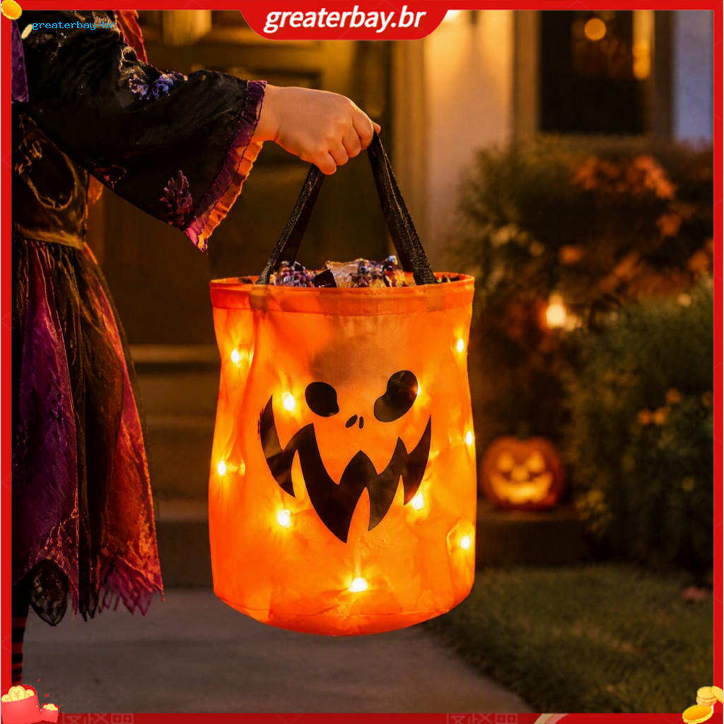 Glowing Pumpkin Candy Bag with Led Lights – Reusable Halloween Treat Tote for Kids Trick or Handbag Party Favor Gift f