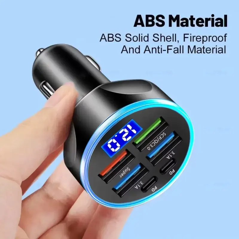 6-in-1 Fast Charging Car Adapter 3.1A Dual Type-C Digital Display Smartphones Tablets Power Banks Black Portable Charger