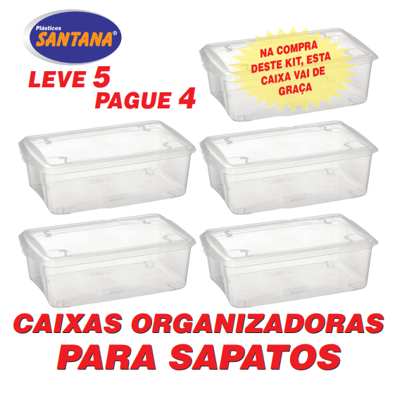Kit 5 Caixas Sapateiras Organizadoras Sapatos Roupas Multiuso Grande Portátil Transparente