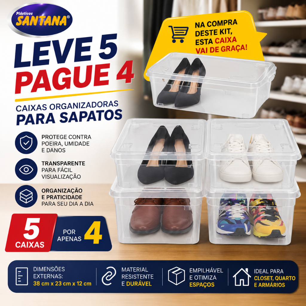 Kit 5 Caixas Organizadoras Para Sapatos Roupas multiuso Grande Portátil Transparente Casa - Santana