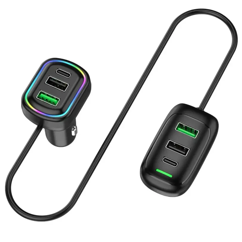 6-Ports USB Type-C Front And Rear Extension Car Charger With RGB Light PD Fast Charging Power Adapter For Iphone Tablet