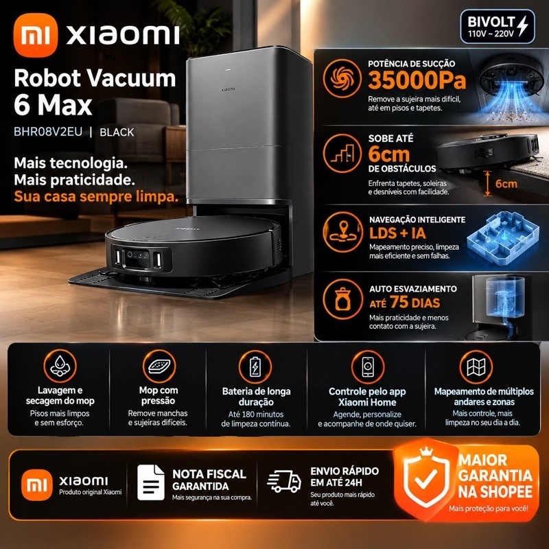 Robô Aspirador Xiaomi VACCUM 6 MAX | Global | 35.000pa de potência | Dark Grey | NF e 1 ano de garantia