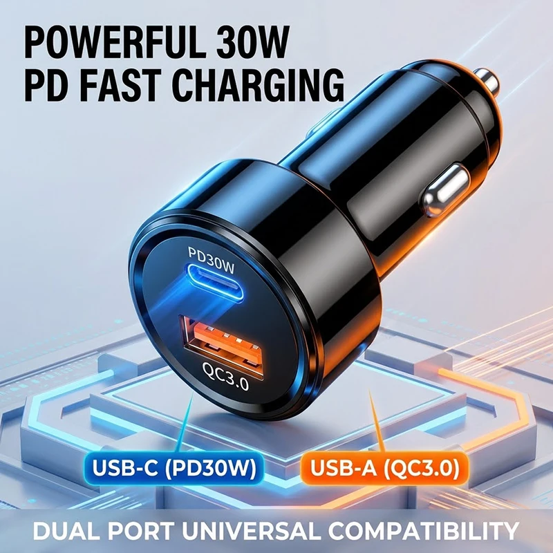 48W Type C Car Charger Adapter PD30W and QC3.0 Dual Ports Mini Vehicle Power Socket Smart Fast Charge For Phones And Tablets