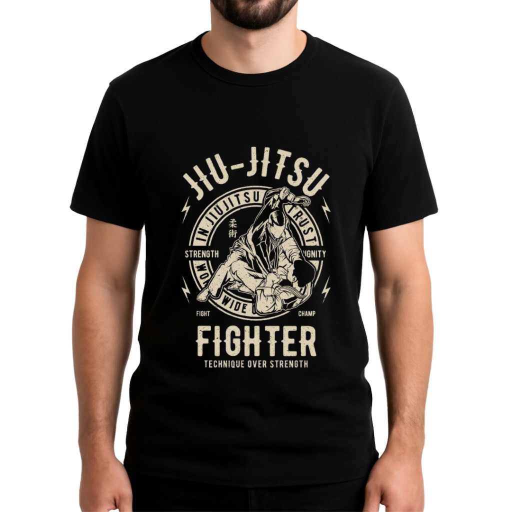 Camiseta Masculina Jiu-Jitsu Fighter – Technique Over Strength | Estilo e Atitude no Tatame Preta