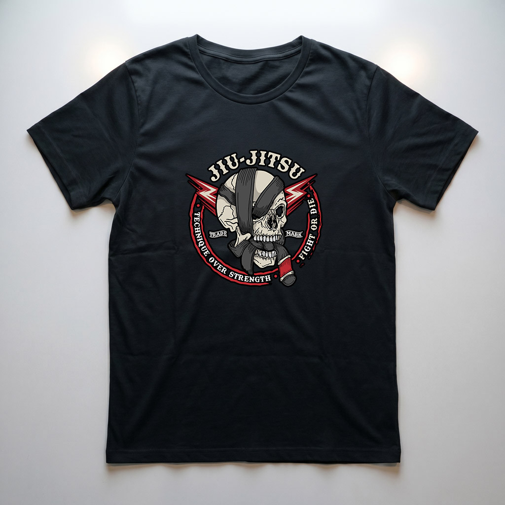 Camiseta Jiu Jitsu Caveira Faixa Technique Over Strength Luta Camisa Algodão Unissex