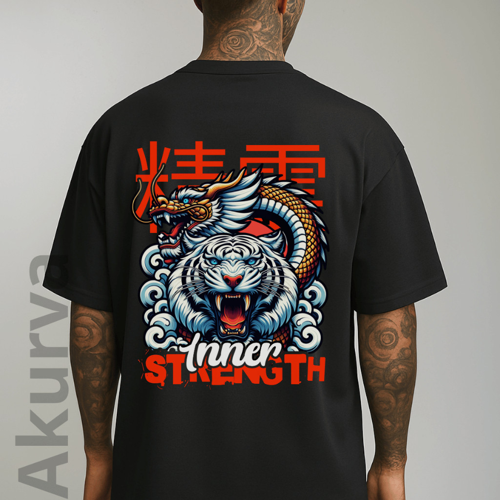 Camiseta Camisa Inner Strength Tigger Dragon Asian Básica Minimalista Tecido Premium Lançamento