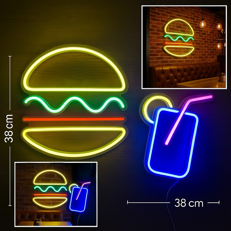 Luminoso Led Neon Hamburgueria Painel Luminoso com fonte Bivolt decoração retaurante lanchonete hamburgueria festas