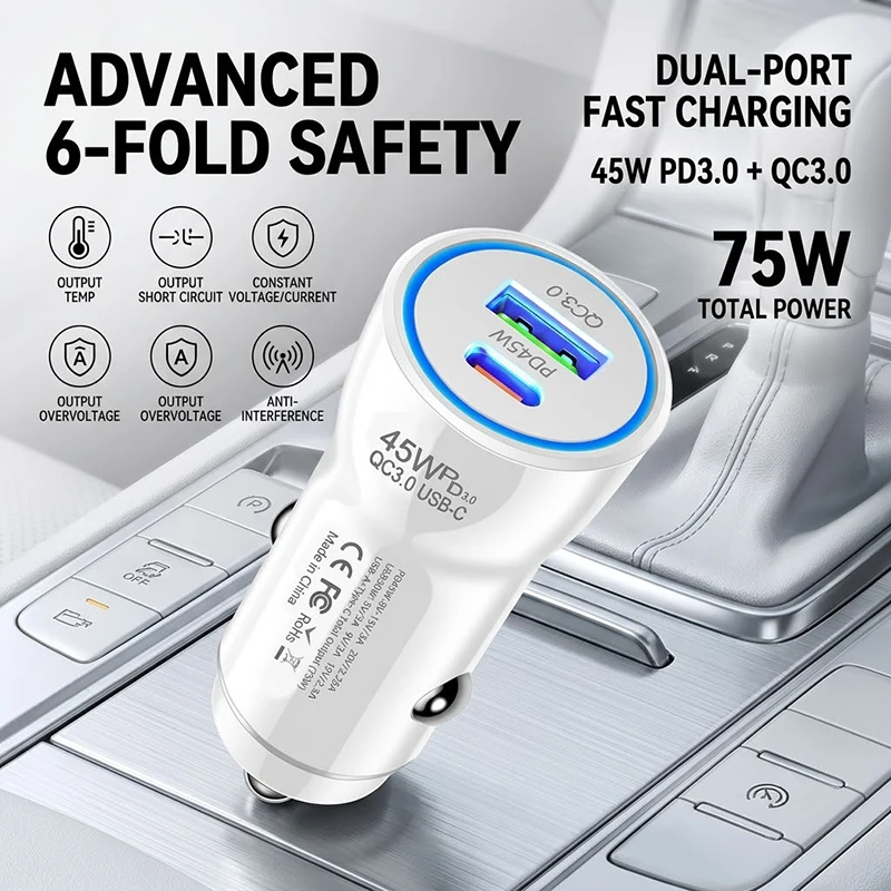 Fast Charging 45W Car Charger Dual Port USB A Type C PD QC3.0 Auto Power Adapter With LED Universal Plug For Smart Devices