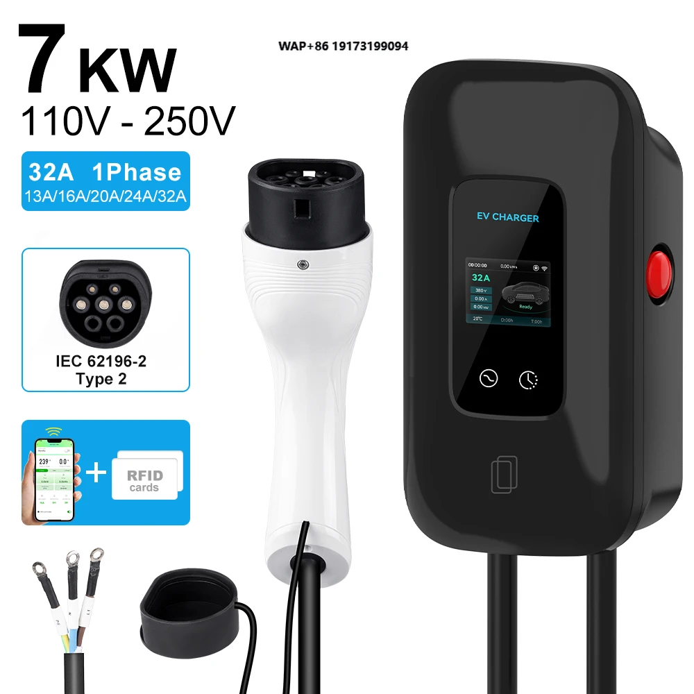 Ev Charger 220V 7KW 32A 1 PhaseType 2 Electric Car Wall-mounted Charging Station Fast Stations With Card Swiping and APP Control