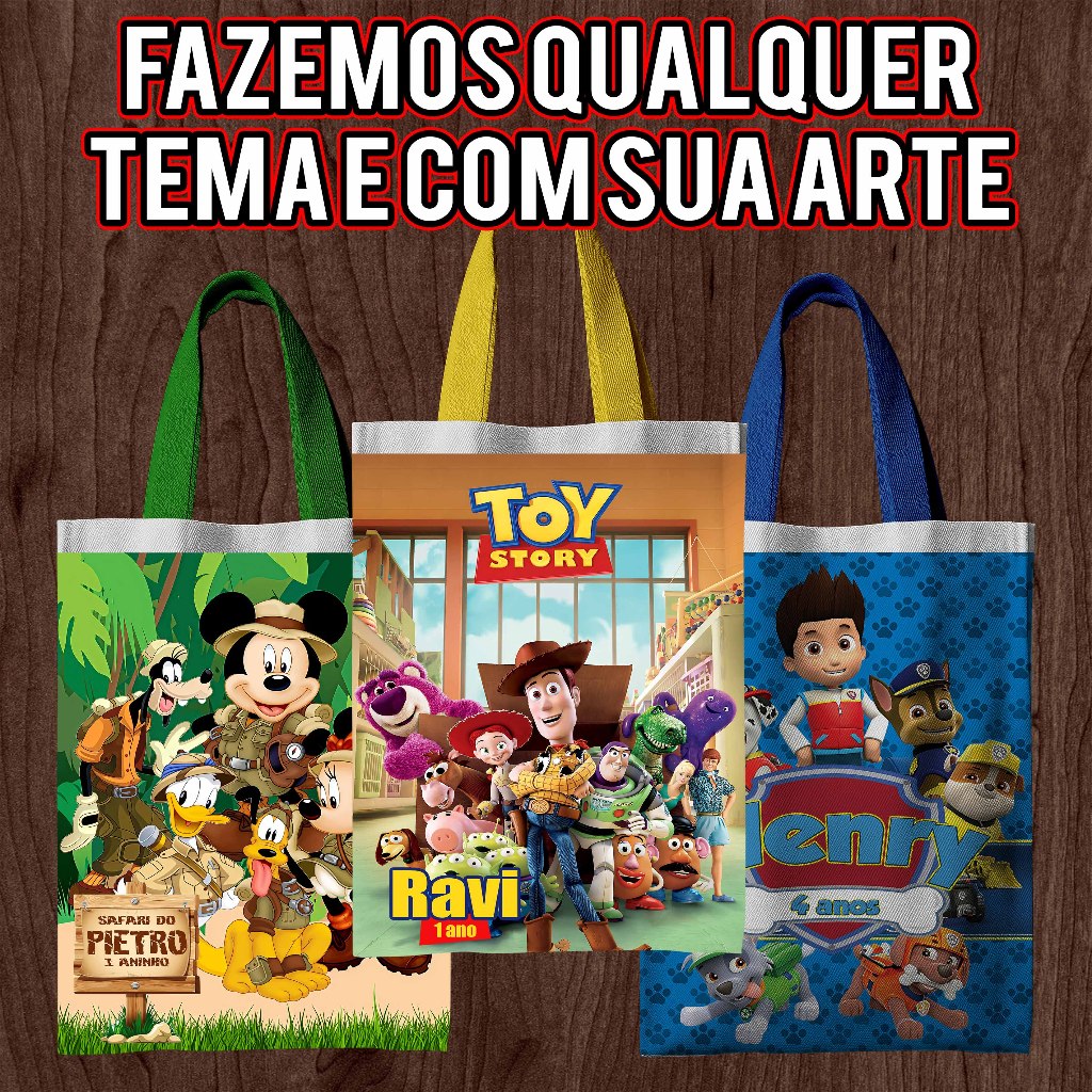 Sacolinha 20x30 Bolsinha Personalizada Lembrancinha Bolsa Eco bag Toy Story Mickey Patrulha Canina Qualquer Tema