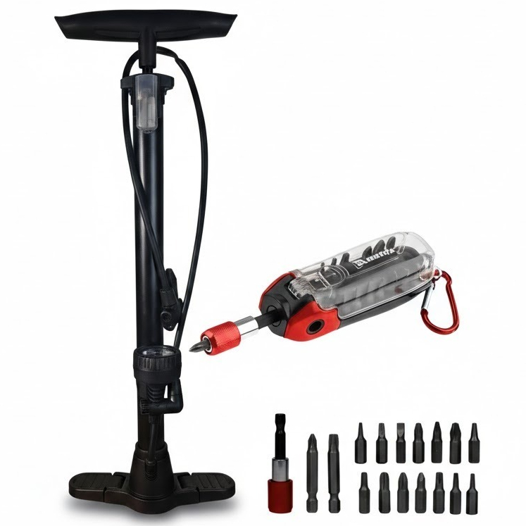 Kit Bomba de Ar Manual com Manômetro 160 PSI p Bike Pneu + Chaves Ponteiras e Bits Catraca 18 Peças