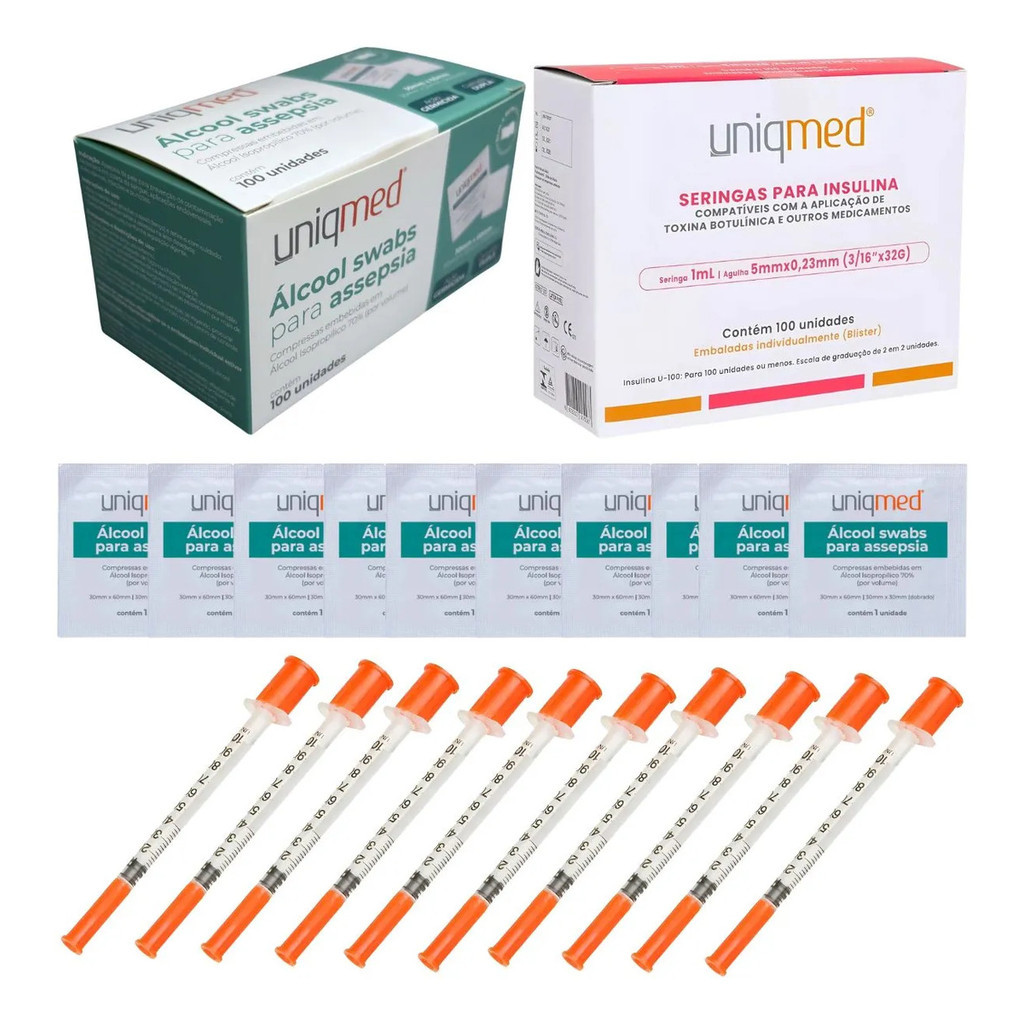 Kit Com 10 Seringas 1ml 6mm x 0,25 x 31g 10 Álcool Swabs