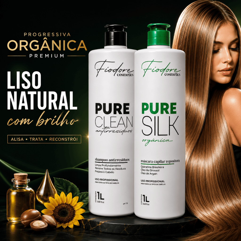 Escova Progressiva Orgânica Pure Silk Fiodore 2x1L Liso Natural Brilho Intenso Sem Formol