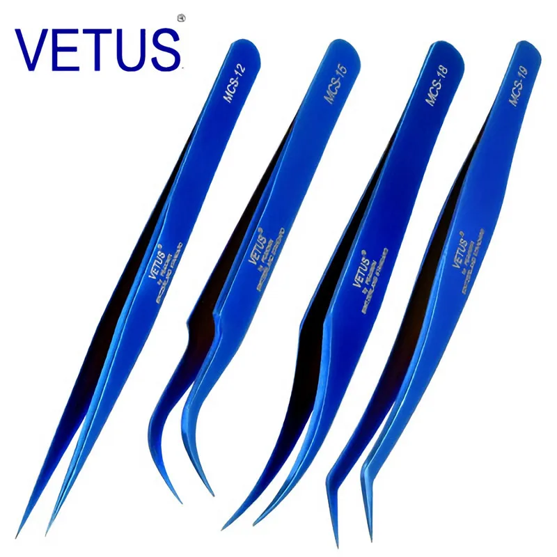 4PCS VETUS Original MCS Bright Blue Premium Beauty Makeup Tweezers for Eyelashes Extension Super Fine Tip High Precision Clip