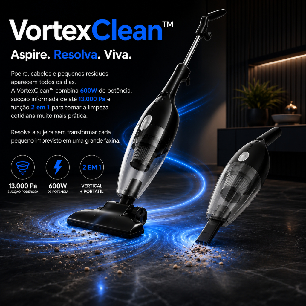Aspirador de Pó Vertical Portátil 2 em 1 VortexClean 600W 13000Pa 110V