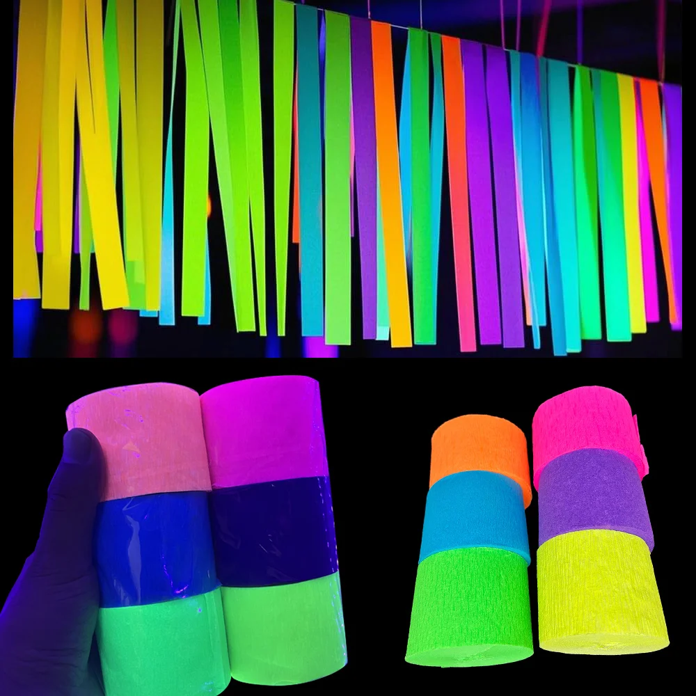 6 Roll Neon Crepe Paper Streamers UV Blacklight Reactive Fluorescent Crepe Glow in The Dark Supplies Neon Birthday Decorations