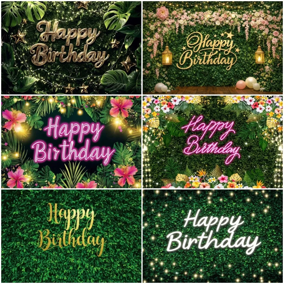 Grass Neon Theme Happy Birthday Background Green Grass Pink Flower Women Birthday Party Decoration Banner Photography Backdrop