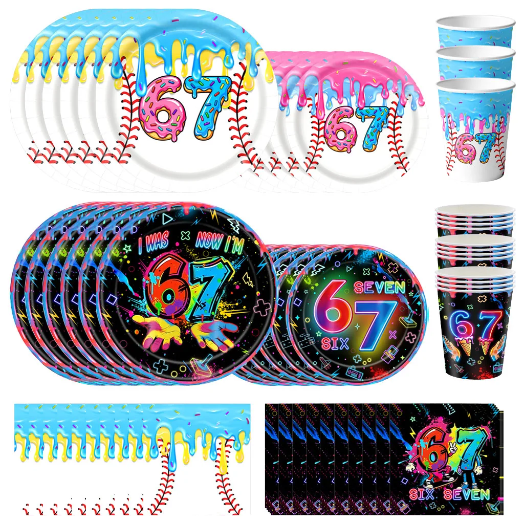 Neon 67 Birthday Decorations Party Supplies Tableware Disposable Plates Cups Napkins Banner Gift Bags Candy Box Baby Shower