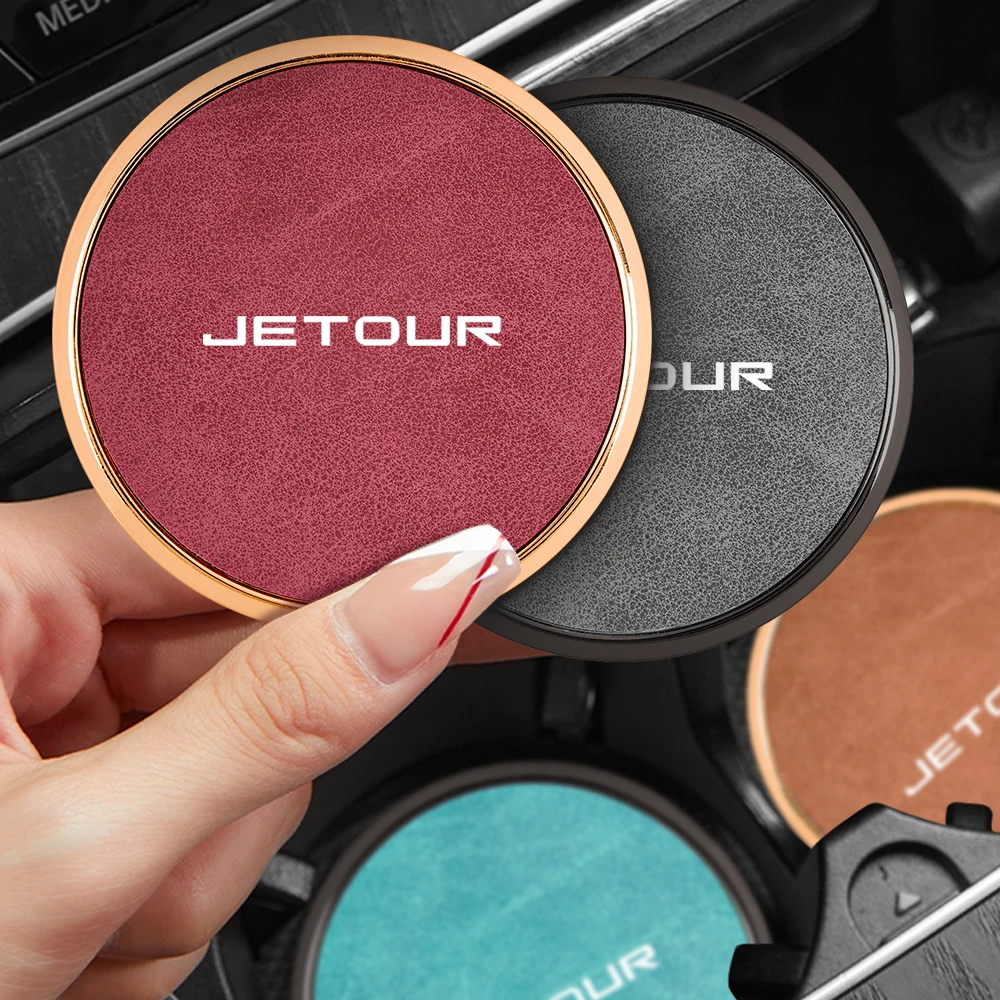 2Pcs Car Leather Coaster Water Cup Mat for Chery Jetour DASHING X-1Plus X70SM X90 X95 T2 Metal Anti-slip Pad Car Accessories